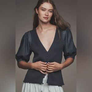 Pilcro Puff Sleeve V Neck Cardigan Blue 2X